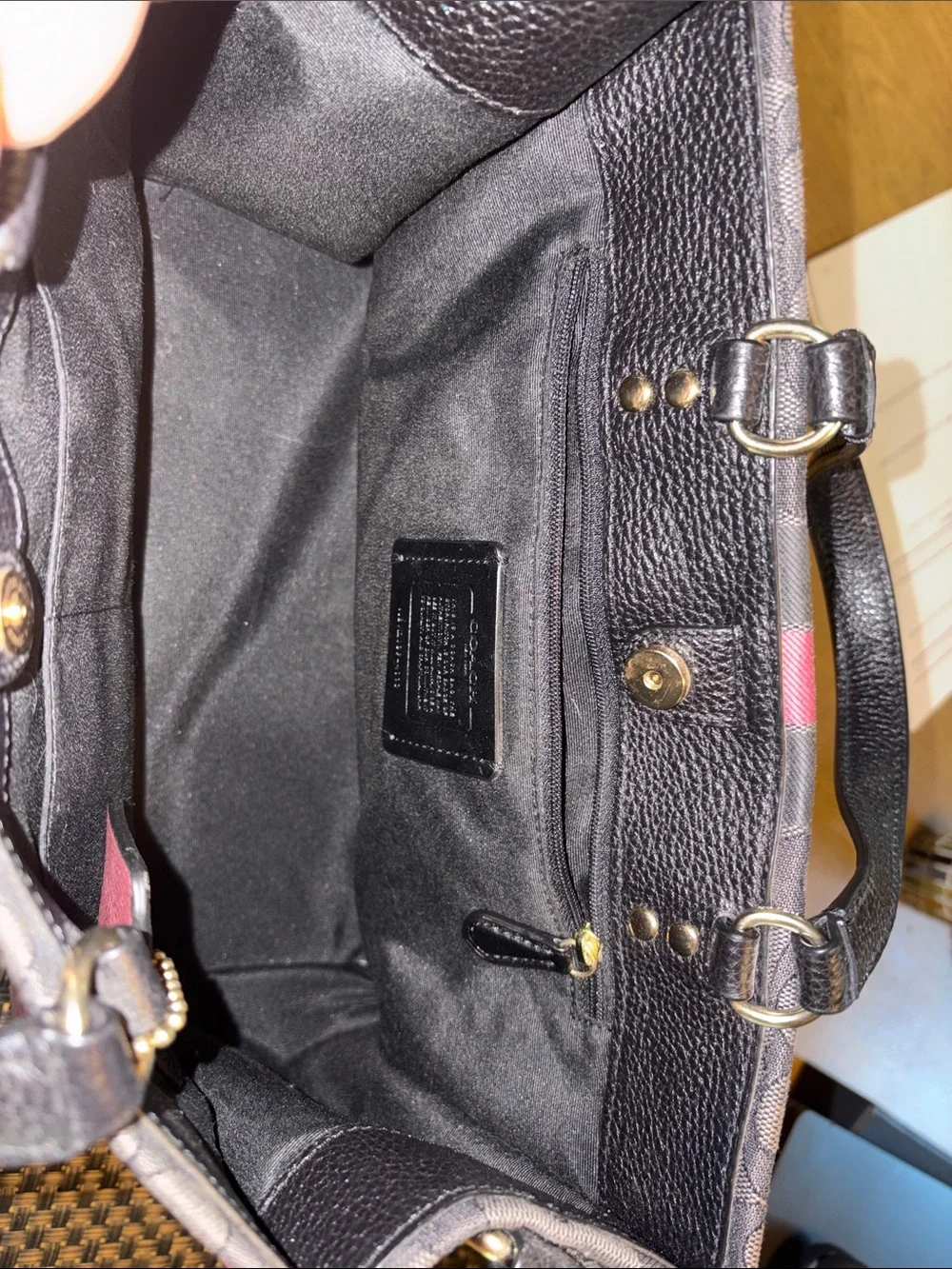 Coach Brown Signature Dempsey Varsity Tote with Pink Stripe